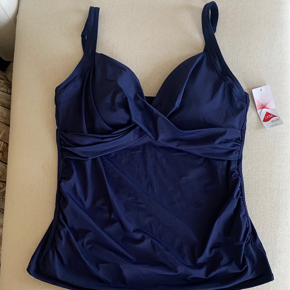 Lands End Navy Twist Front Sweetheart Wrap Underwire Tankini Top Plus Size 16